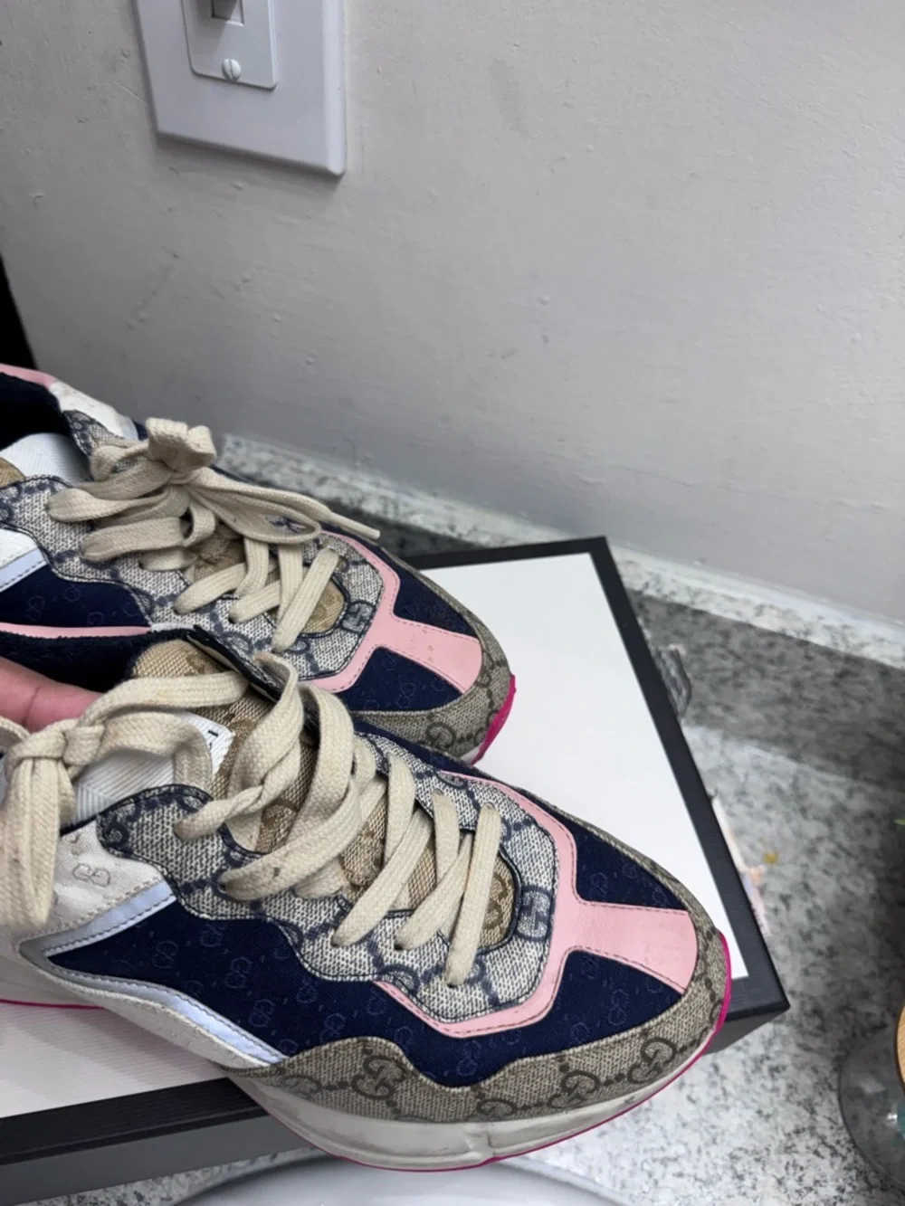 Gucci Beige, Navy & Pink Chunky GG Runner Sneakers - Picture 3 of 3